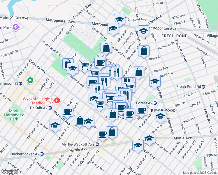 map of restaurants, bars, coffee shops, grocery stores, and more near 18-66 Bleecker Street in Queens