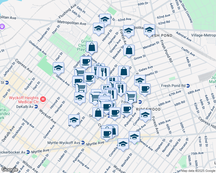 map of restaurants, bars, coffee shops, grocery stores, and more near Grove Street & Woodward Avenue in Queens
