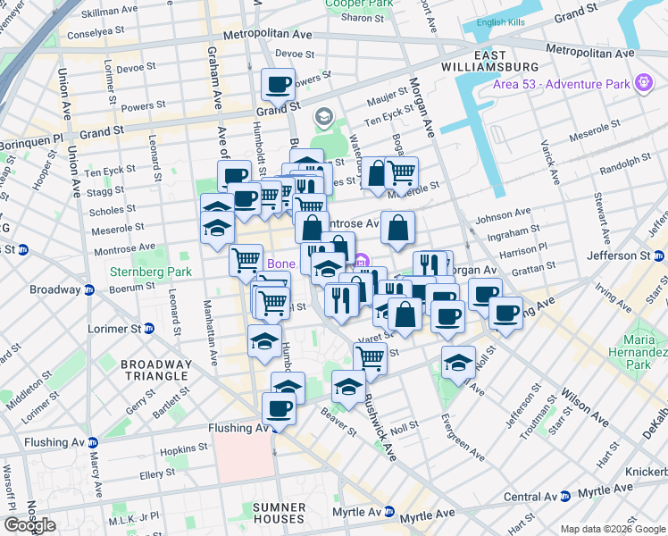 map of restaurants, bars, coffee shops, grocery stores, and more near 232 Boerum Street in Brooklyn