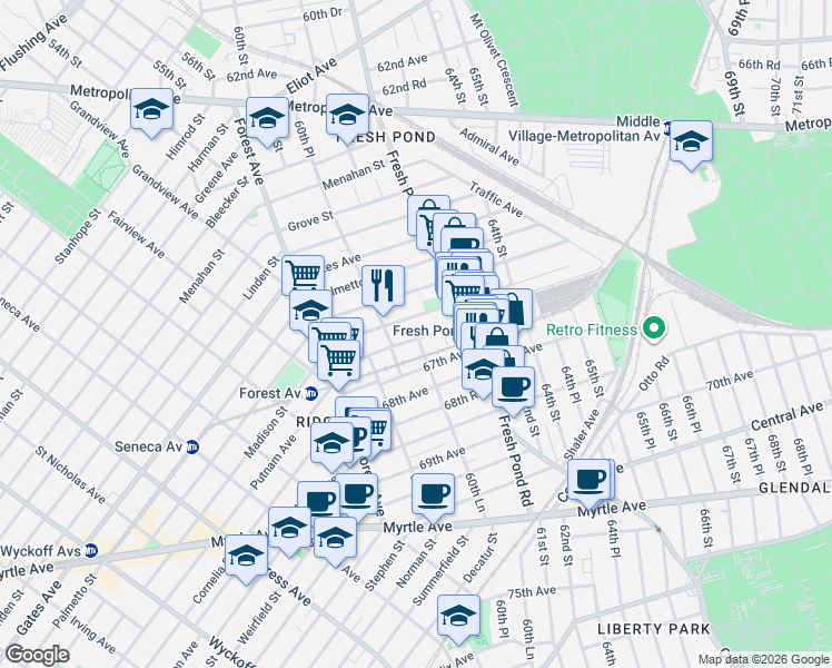 map of restaurants, bars, coffee shops, grocery stores, and more near 66-16 60th Lane in Queens