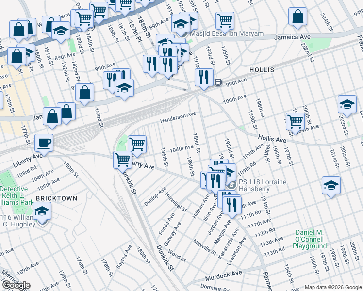 map of restaurants, bars, coffee shops, grocery stores, and more near 187-11 104th Avenue in Queens