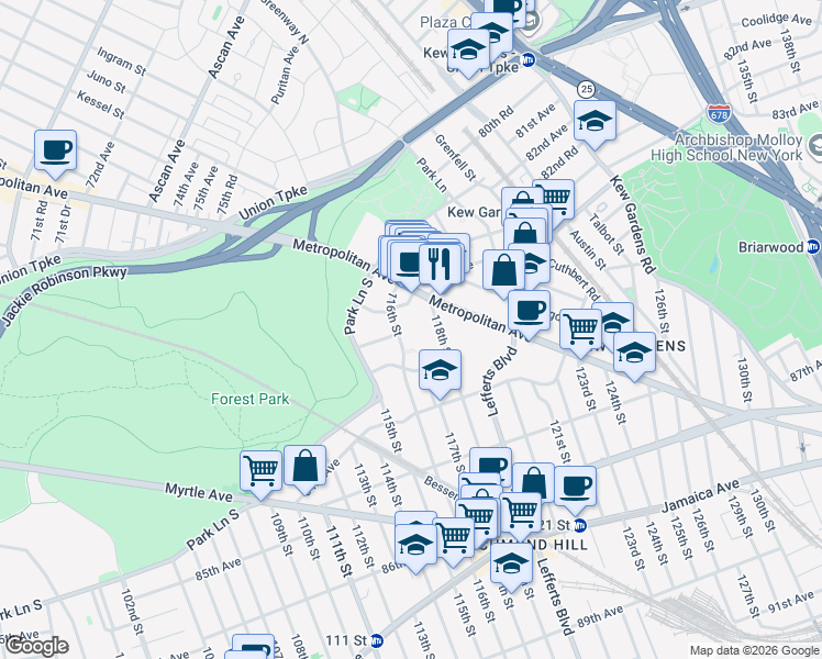 map of restaurants, bars, coffee shops, grocery stores, and more near 83-15 116th Street in Queens