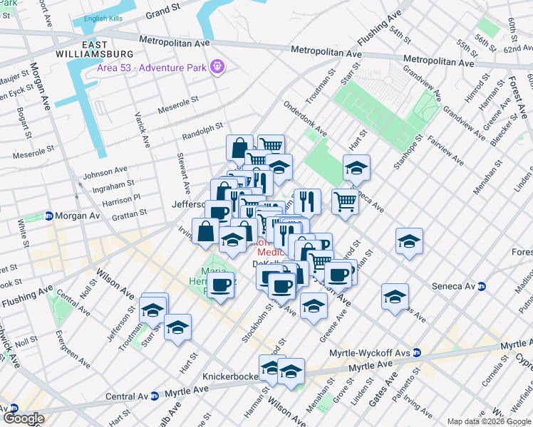 map of restaurants, bars, coffee shops, grocery stores, and more near 1348 Willoughby Avenue in Brooklyn