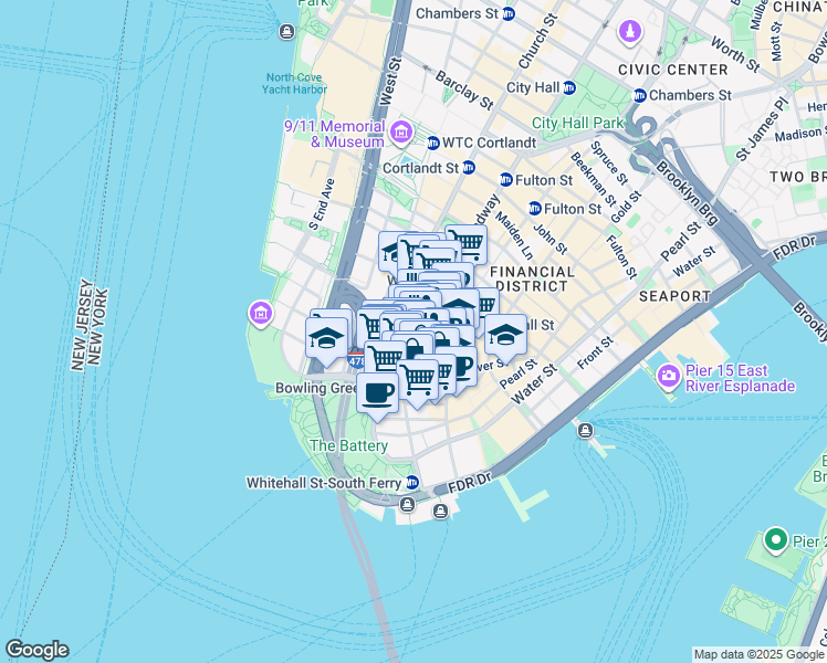 map of restaurants, bars, coffee shops, grocery stores, and more near 42 Broadway in New York