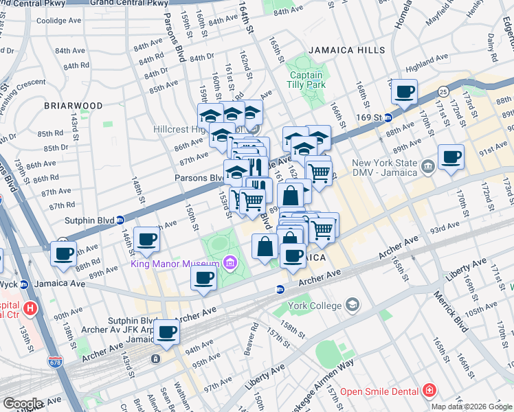 map of restaurants, bars, coffee shops, grocery stores, and more near 89-14 Parsons Boulevard in Queens