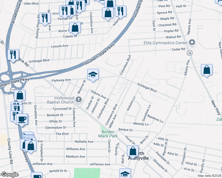 map of restaurants, bars, coffee shops, grocery stores, and more near 25 Dubois Avenue in Amityville