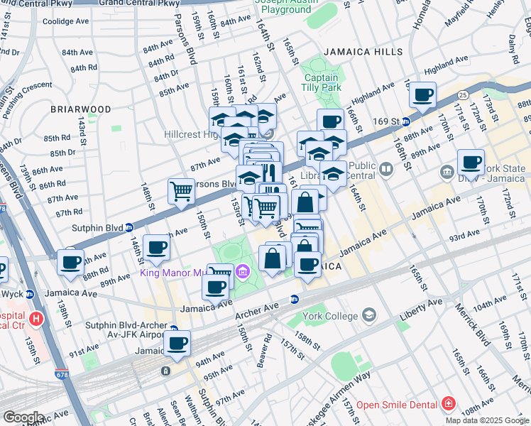 map of restaurants, bars, coffee shops, grocery stores, and more near 165-15 89th Avenue in Queens