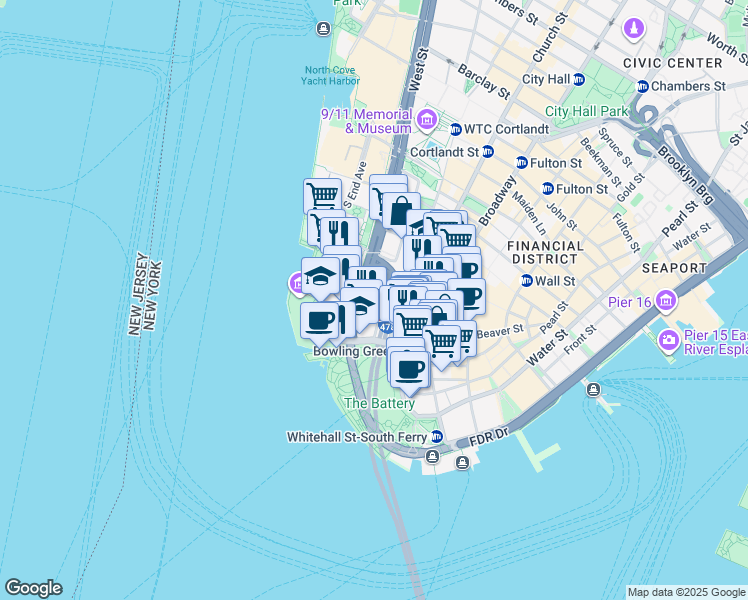 map of restaurants, bars, coffee shops, grocery stores, and more near 17 Battery Place in New York