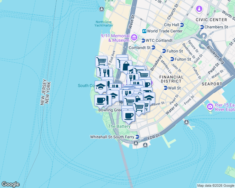 map of restaurants, bars, coffee shops, grocery stores, and more near 20 West Street in New York