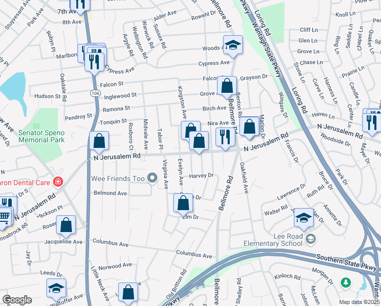 map of restaurants, bars, coffee shops, grocery stores, and more near North Jerusalem Road & Vernon Avenue in North Bellmore