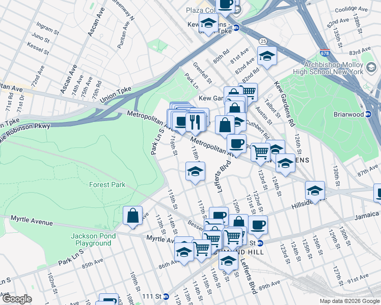 map of restaurants, bars, coffee shops, grocery stores, and more near 83-60 118th Street in Queens