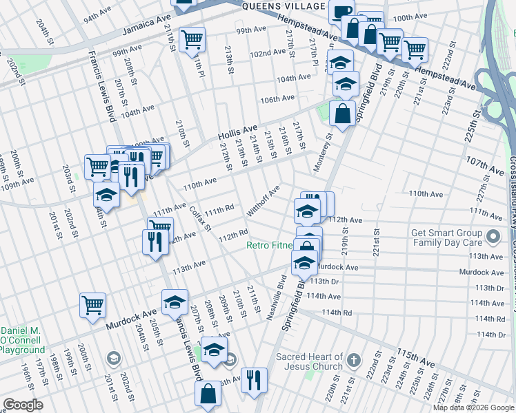 map of restaurants, bars, coffee shops, grocery stores, and more near 212-31 112th Road in Queens