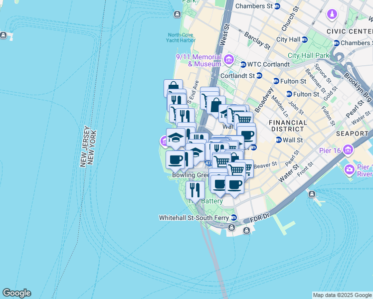 map of restaurants, bars, coffee shops, grocery stores, and more near 25 Battery Place in New York