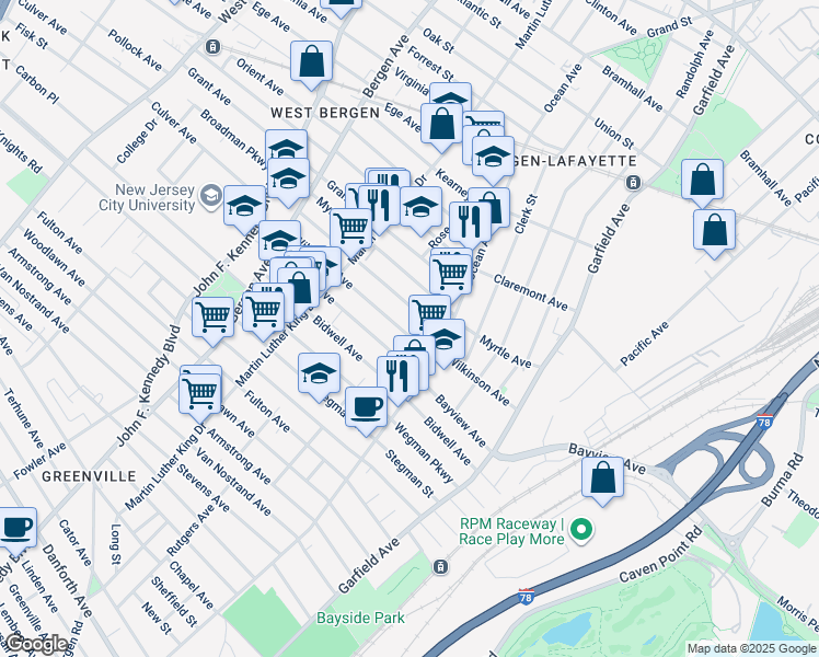 map of restaurants, bars, coffee shops, grocery stores, and more near 110 Wilkinson Avenue in Jersey City