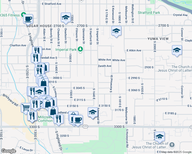 map of restaurants, bars, coffee shops, grocery stores, and more near 1626 East 3010 South in Salt Lake City