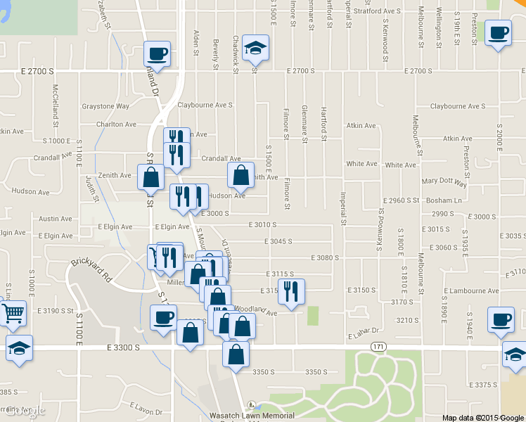 map of restaurants, bars, coffee shops, grocery stores, and more near 1476 East 3010 South in Salt Lake City