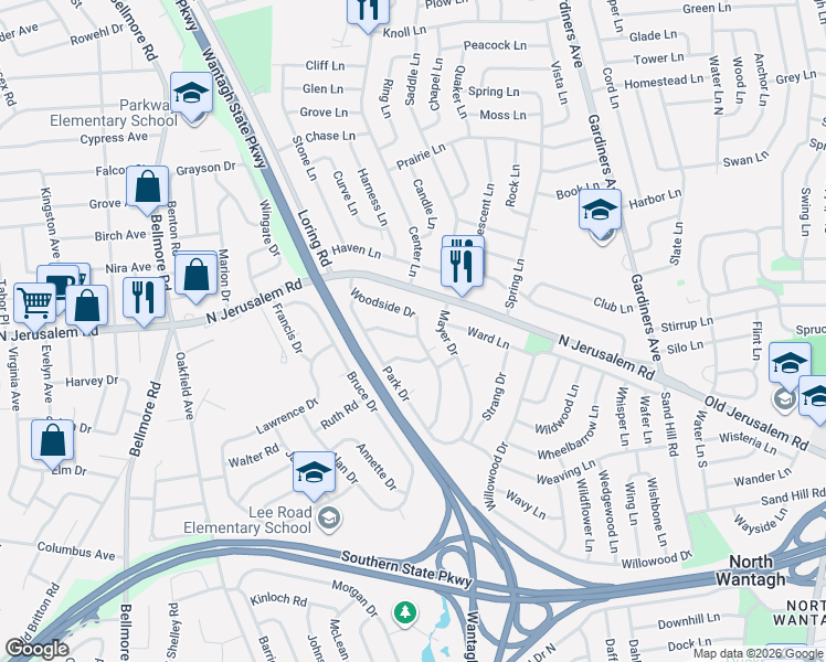 map of restaurants, bars, coffee shops, grocery stores, and more near 3015 Valley Road in Wantagh