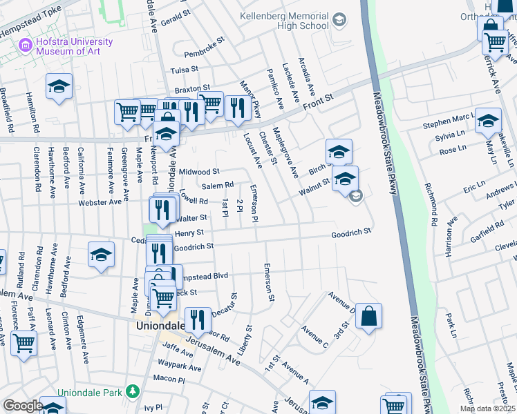 map of restaurants, bars, coffee shops, grocery stores, and more near 805 Henry Street in Uniondale