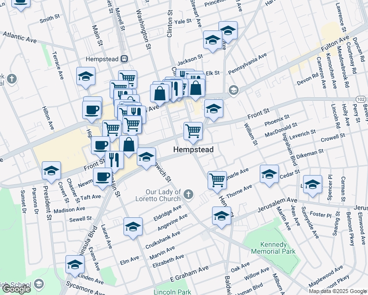 map of restaurants, bars, coffee shops, grocery stores, and more near 201 Peninsula Boulevard in Hempstead