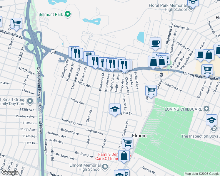 map of restaurants, bars, coffee shops, grocery stores, and more near 120 Biltmore Avenue in Elmont