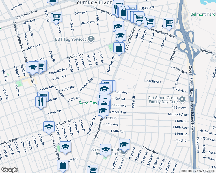 map of restaurants, bars, coffee shops, grocery stores, and more near 11148 Springfield Boulevard in Queens