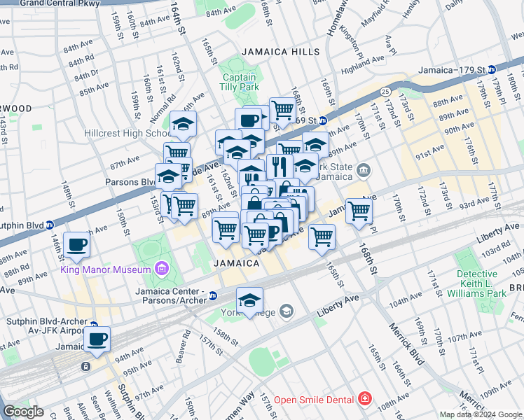 map of restaurants, bars, coffee shops, grocery stores, and more near 8963 163rd Street in Queens