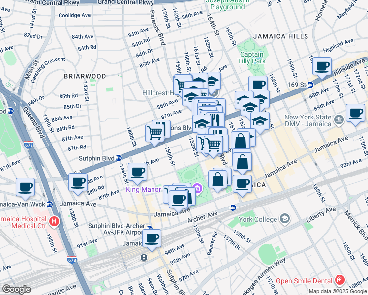 map of restaurants, bars, coffee shops, grocery stores, and more near 152-11 89th Avenue in Queens