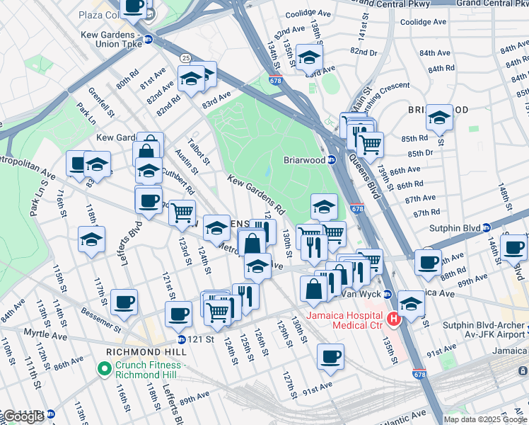 map of restaurants, bars, coffee shops, grocery stores, and more near 84-48 129th Street in Queens