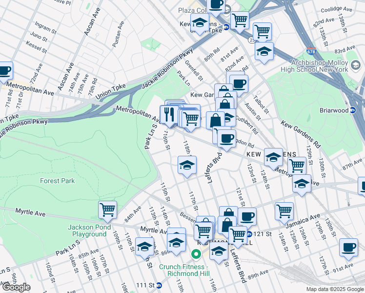 map of restaurants, bars, coffee shops, grocery stores, and more near 83-60 118th Street in Queens