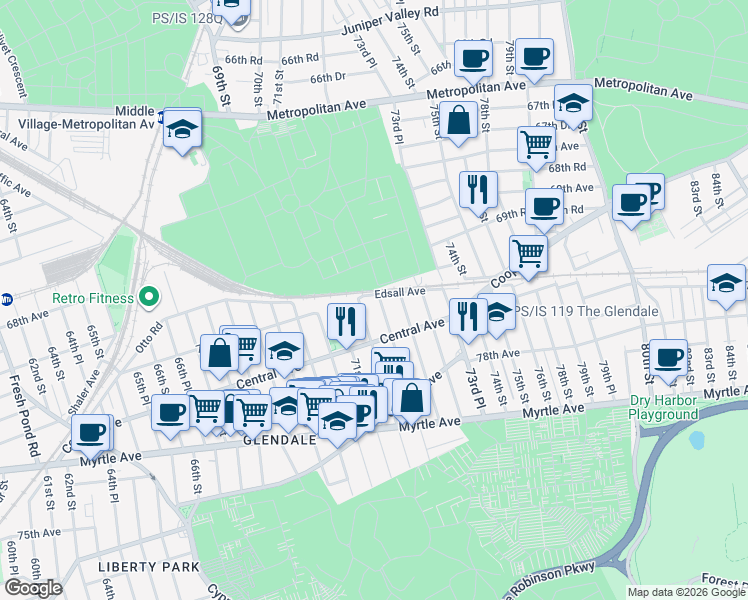 map of restaurants, bars, coffee shops, grocery stores, and more near 70-31 72nd Street in Queens