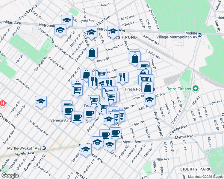 map of restaurants, bars, coffee shops, grocery stores, and more near 66-73 Forest Avenue in Queens