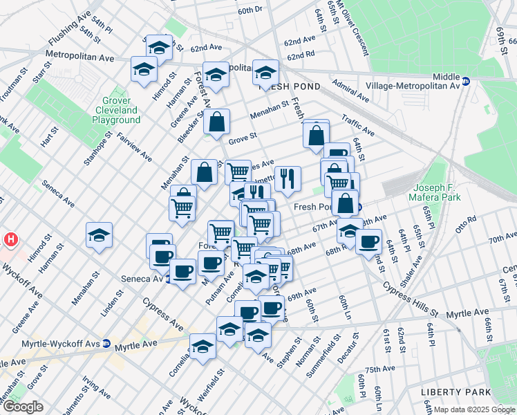 map of restaurants, bars, coffee shops, grocery stores, and more near 66-73 Forest Avenue in Queens