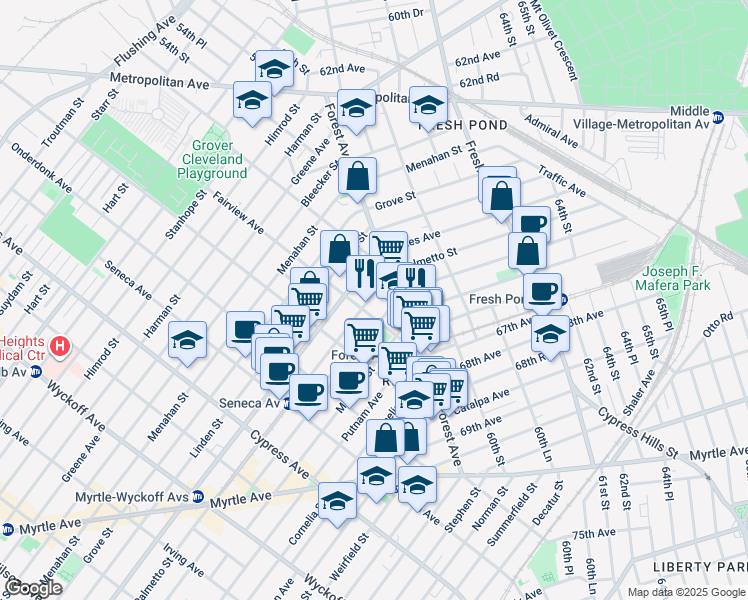 map of restaurants, bars, coffee shops, grocery stores, and more near 218 Woodbine Street in Queens
