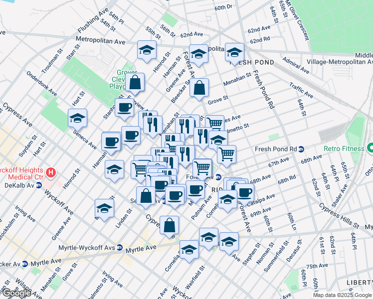 map of restaurants, bars, coffee shops, grocery stores, and more near 6-63 Woodward Avenue in Queens