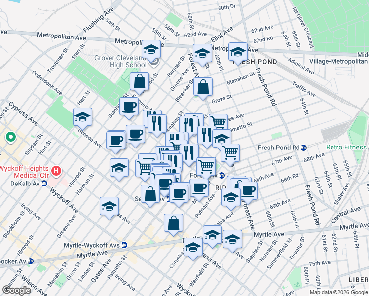 map of restaurants, bars, coffee shops, grocery stores, and more near 6-63 Woodward Avenue in Queens