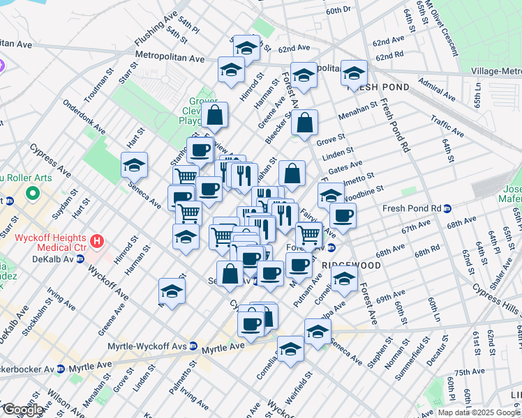 map of restaurants, bars, coffee shops, grocery stores, and more near in Queens