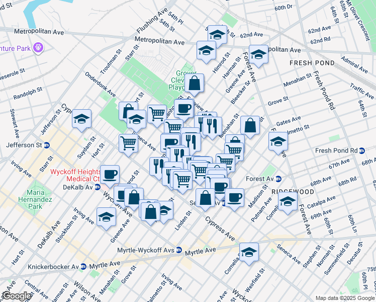 map of restaurants, bars, coffee shops, grocery stores, and more near 18-19 Bleecker Street in Queens