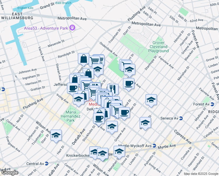 map of restaurants, bars, coffee shops, grocery stores, and more near 114 Saint Nicholas Avenue in Brooklyn