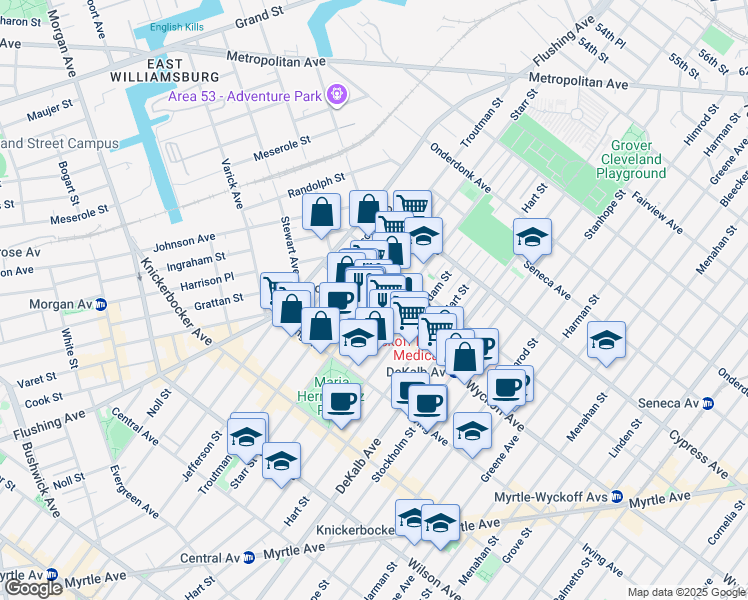 map of restaurants, bars, coffee shops, grocery stores, and more near 52 Wyckoff Avenue in Brooklyn
