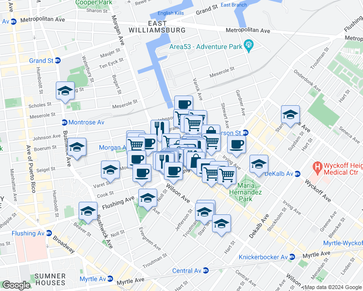 map of restaurants, bars, coffee shops, grocery stores, and more near 95 Thames Street in Brooklyn