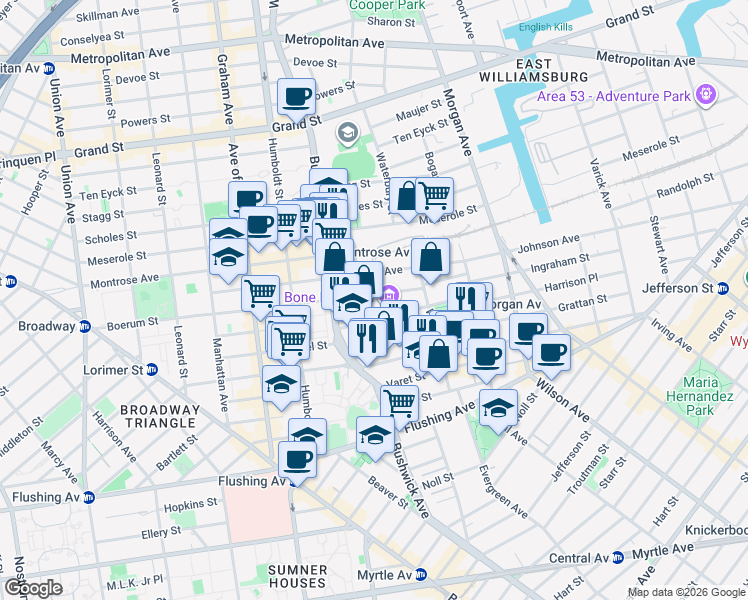 map of restaurants, bars, coffee shops, grocery stores, and more near 3 McKibbin Court in Brooklyn