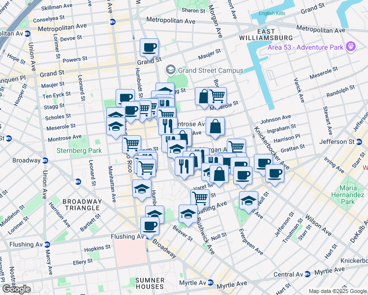 map of restaurants, bars, coffee shops, grocery stores, and more near 3 McKibbin Court in Brooklyn