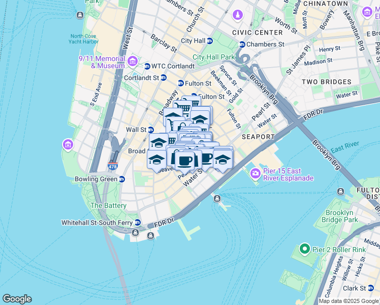 map of restaurants, bars, coffee shops, grocery stores, and more near 67 Wall Street in New York