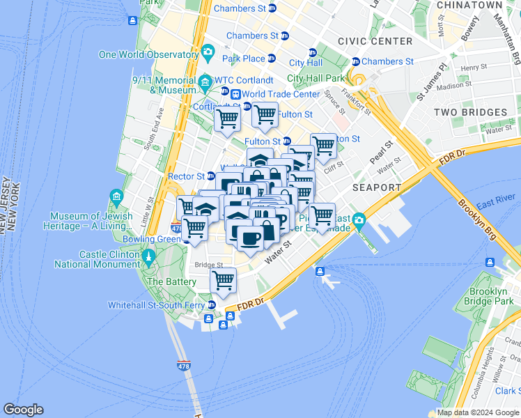 map of restaurants, bars, coffee shops, grocery stores, and more near 19 William Street in New York