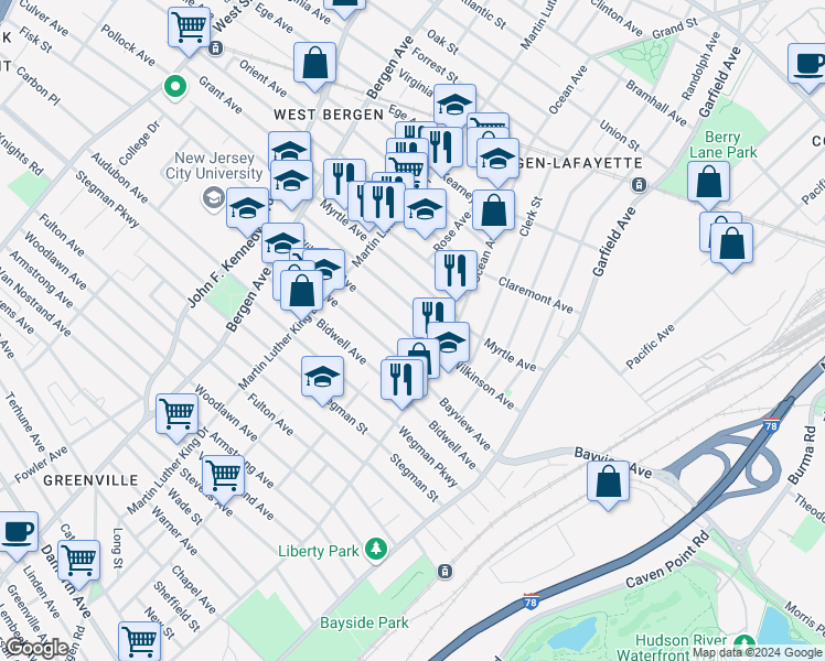 map of restaurants, bars, coffee shops, grocery stores, and more near 114A Bayview Avenue in Jersey City