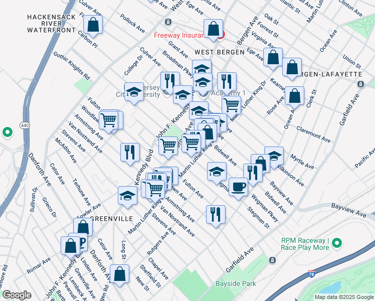 map of restaurants, bars, coffee shops, grocery stores, and more near 224 Dwight Street in Jersey City