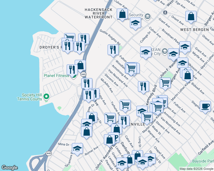 map of restaurants, bars, coffee shops, grocery stores, and more near 147 Terhune Avenue in Jersey City