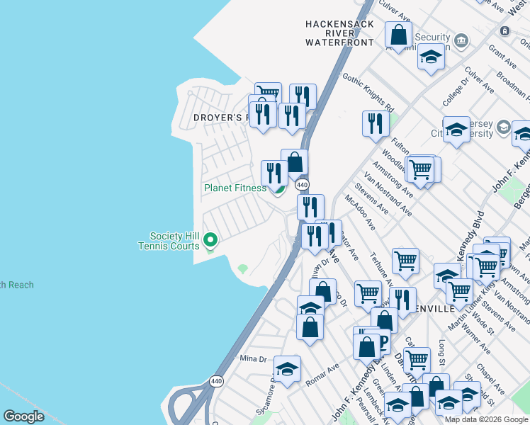 map of restaurants, bars, coffee shops, grocery stores, and more near 12 Cherry Street in Jersey City