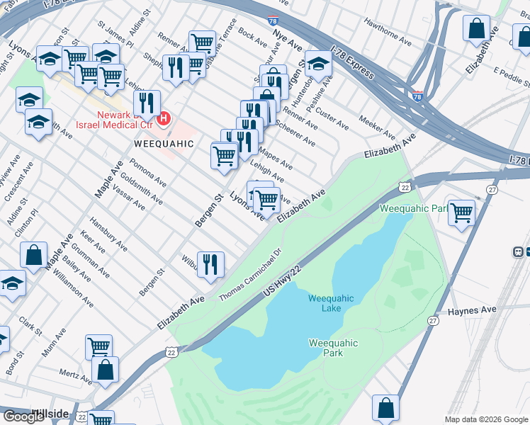 map of restaurants, bars, coffee shops, grocery stores, and more near 2 Lyons Avenue in Newark