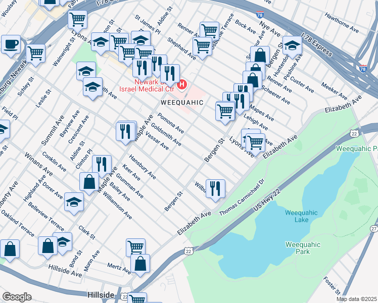 map of restaurants, bars, coffee shops, grocery stores, and more near 96-98 Vassar Avenue in Newark